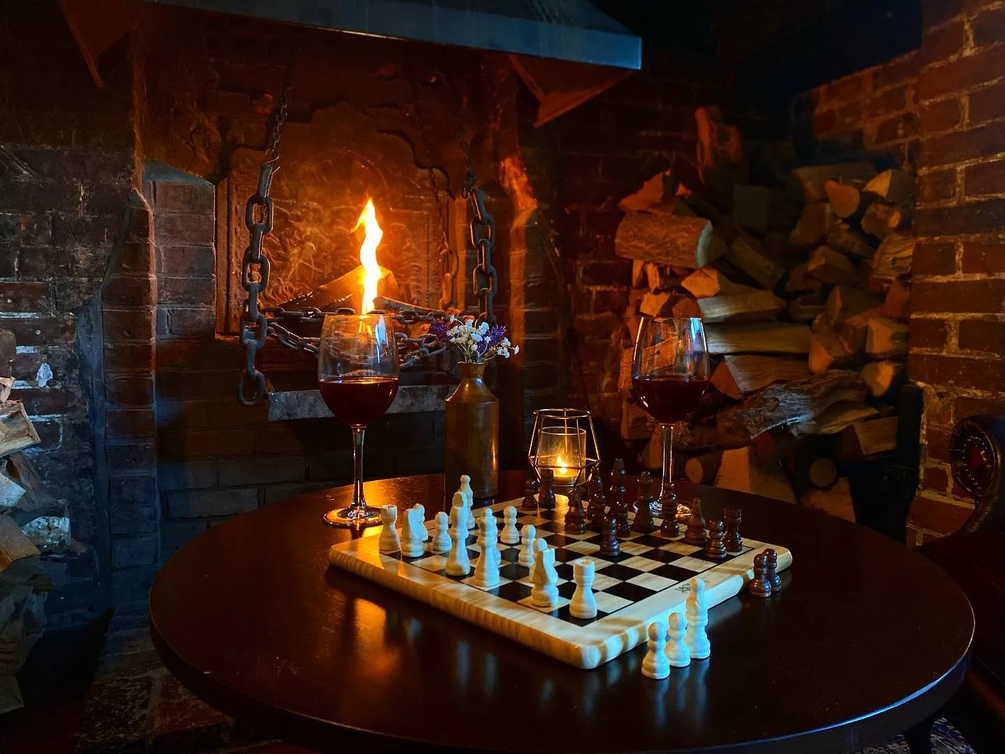 Chess and wine by the fire